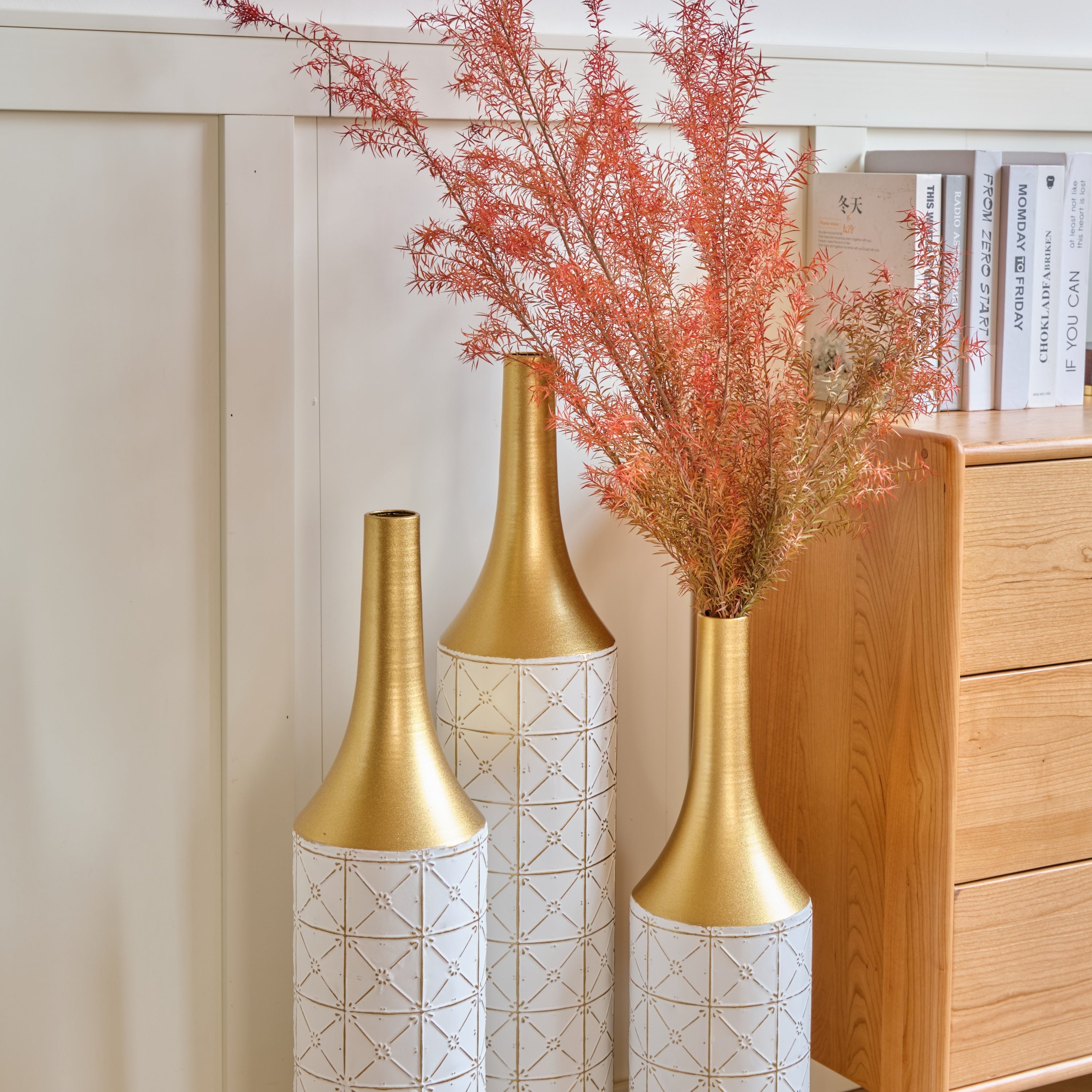 Floor Metal Vases Decorated White Metal Vases Set of 3 Gorgeous Home Decoration Large Glazed Metal Vases 24in/28.7in/33.5in Height