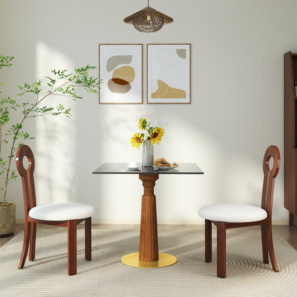 Modern Square Dining Table, 33.5' Tempered Glass Table with Wooden Leg & Gold Base, 2 - Person Kitchen Table for Small Space, 150lbs Weight Capacity(Only the Negotiation Table)