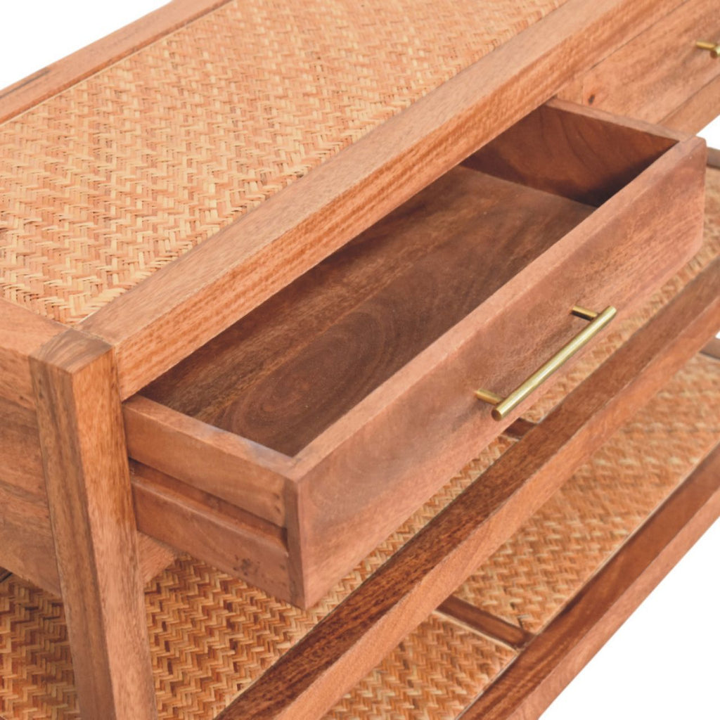 Solid Wood Woven Tier Console,Brown,2-Drawers,2-Shelf