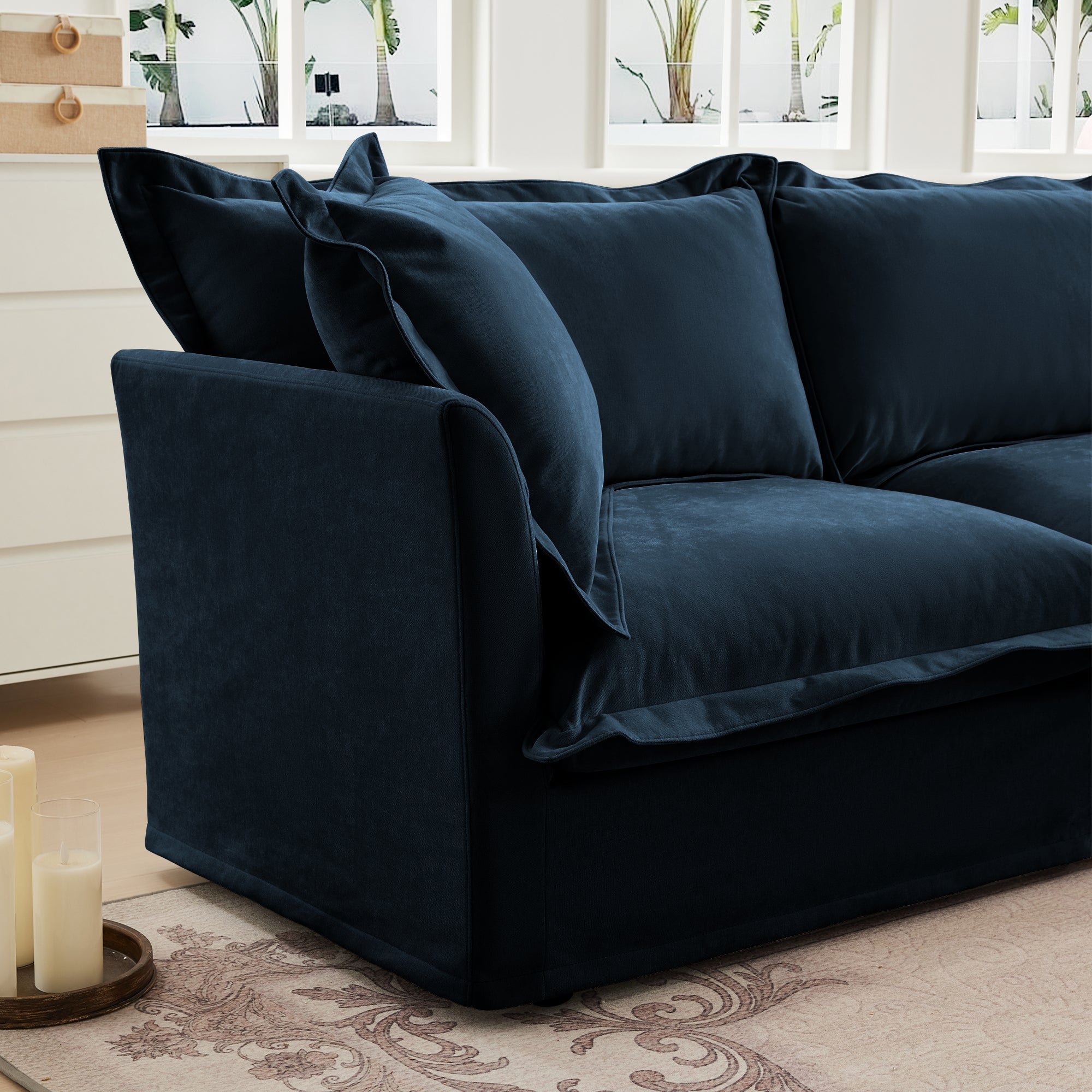 Slipcovered Sofa 2 Seater Sofa    With 2 Ottomans, 2 Seater Sleeper Sofa Bed Home Theater Oversized Sofa For Living Room, Chenille, Blue