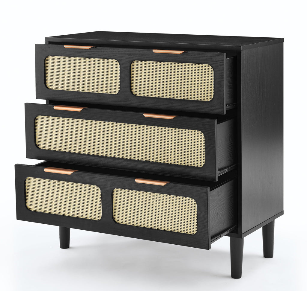 3 drawer dresser, modern rattan dresser cabinet with wide drawers and metal handles, farmhouse wooden storage chest of drawers for room, living room, hallway, entrance, office