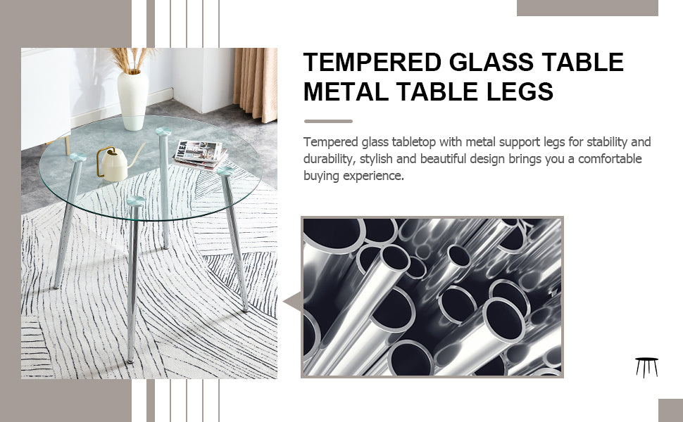 A glass tabletop with a diameter of 40 inches and a modern minimalist circular dining table with silver metal legs.Suitable for living rooms, and conference rooms.W1151S03392