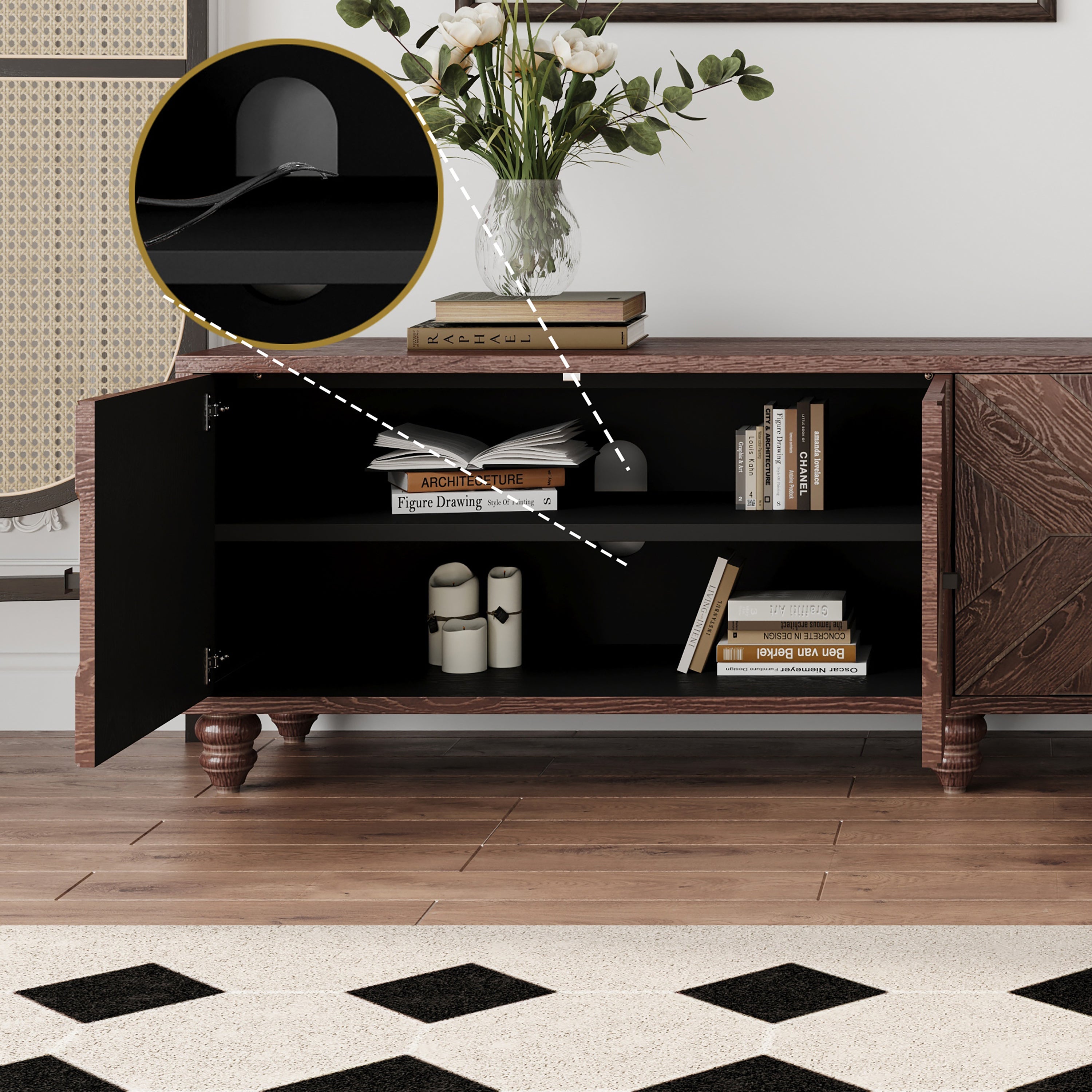 70'-90' Extendable TV Cabinet, Modern Entertainment Center with Storage and Adjustable Shelves, Mid 
Century Lacquered and Real Wood Veneered TV Console for Living Room, Hallway, Entryway, Walnut