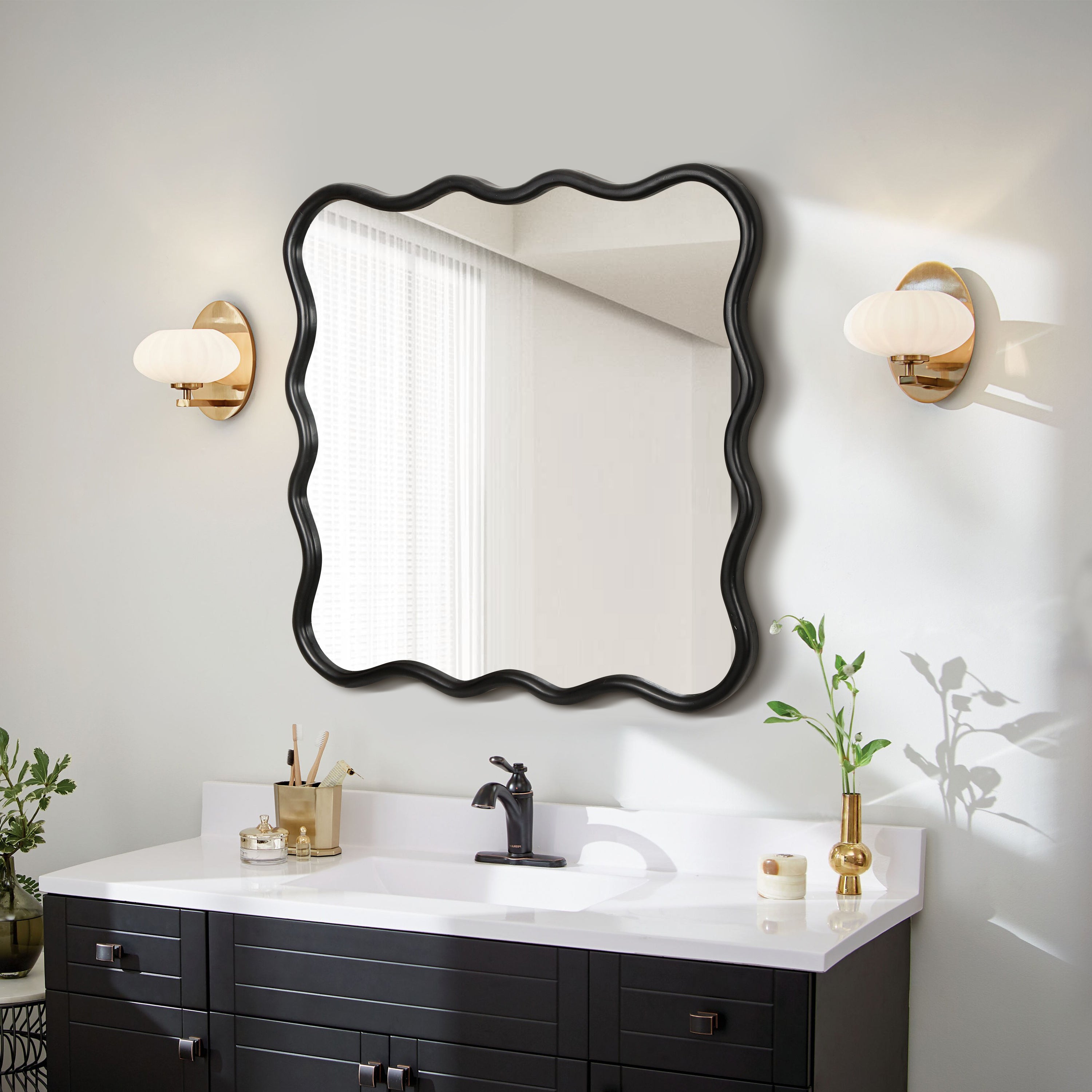 Solid Wood Wavy Square Mirror-Black 36' x 36' Modern Mirror Wall Decor for Bathroom, Bedroom, Living Room, Dining Room, Cloakroom, Entryway