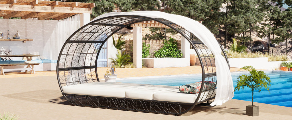 GO 90.55' Outdoor Patio Daybed with Curtain, Sunbed with Cushion and Colorful Pillow, Wicker Lounge Chairs Backrest Adjustable Recliners for Pool Garden Backyard, Beige Cushion, Black Wicker