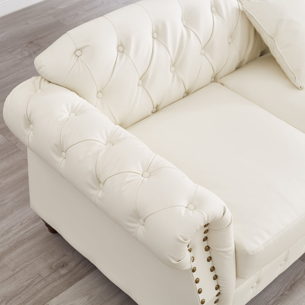 85.8' Living Room Chesterfield Sofa Classic Tufted Design Faux Leather PU Upholstered Sofa with Storage (Ivory)