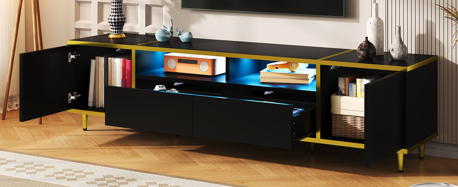 U-Can 70.9'' Modern TV Stand for TVs up to 80 Inches, Entertainment Center with 2 Shelves and  LED Lights, TV Storage Cabinet with 2 Drawers, 2 Cabinets and Metal Legs for Living room
