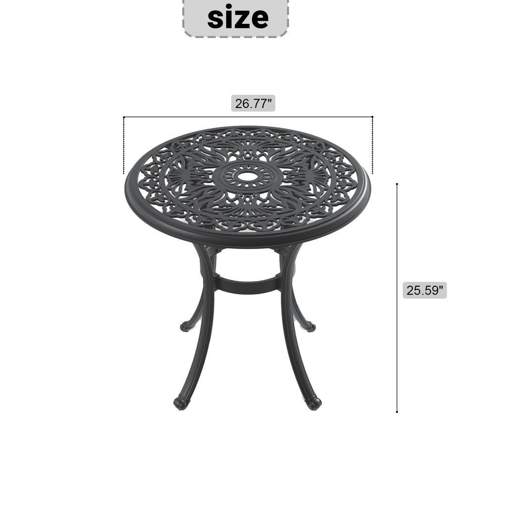 Ø26.77-inch Cast Aluminum Patio Dining Table With Black Frame and Umbrella Hole