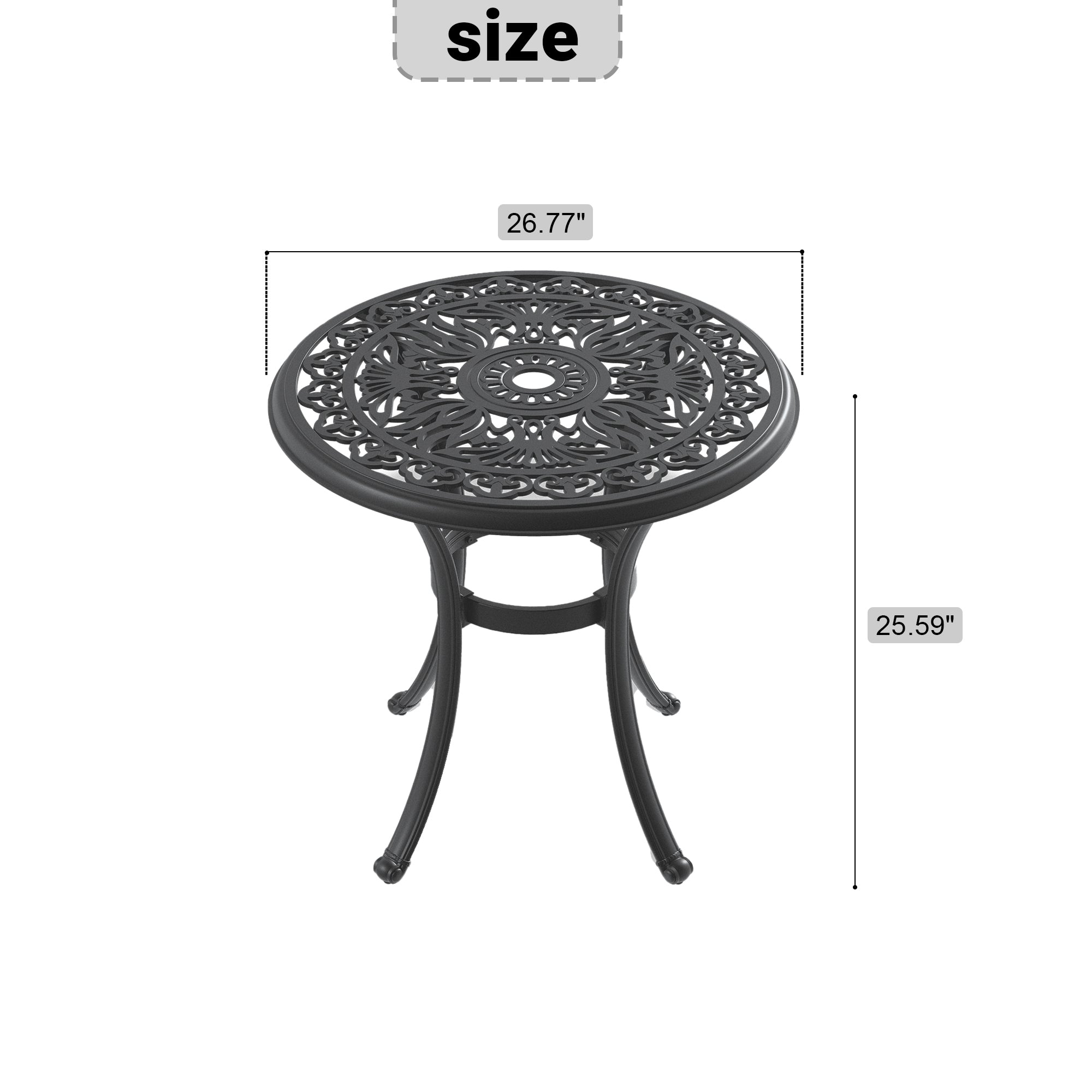 Ø26.77-inch Cast Aluminum Patio Dining Table With Black Frame and Umbrella Hole