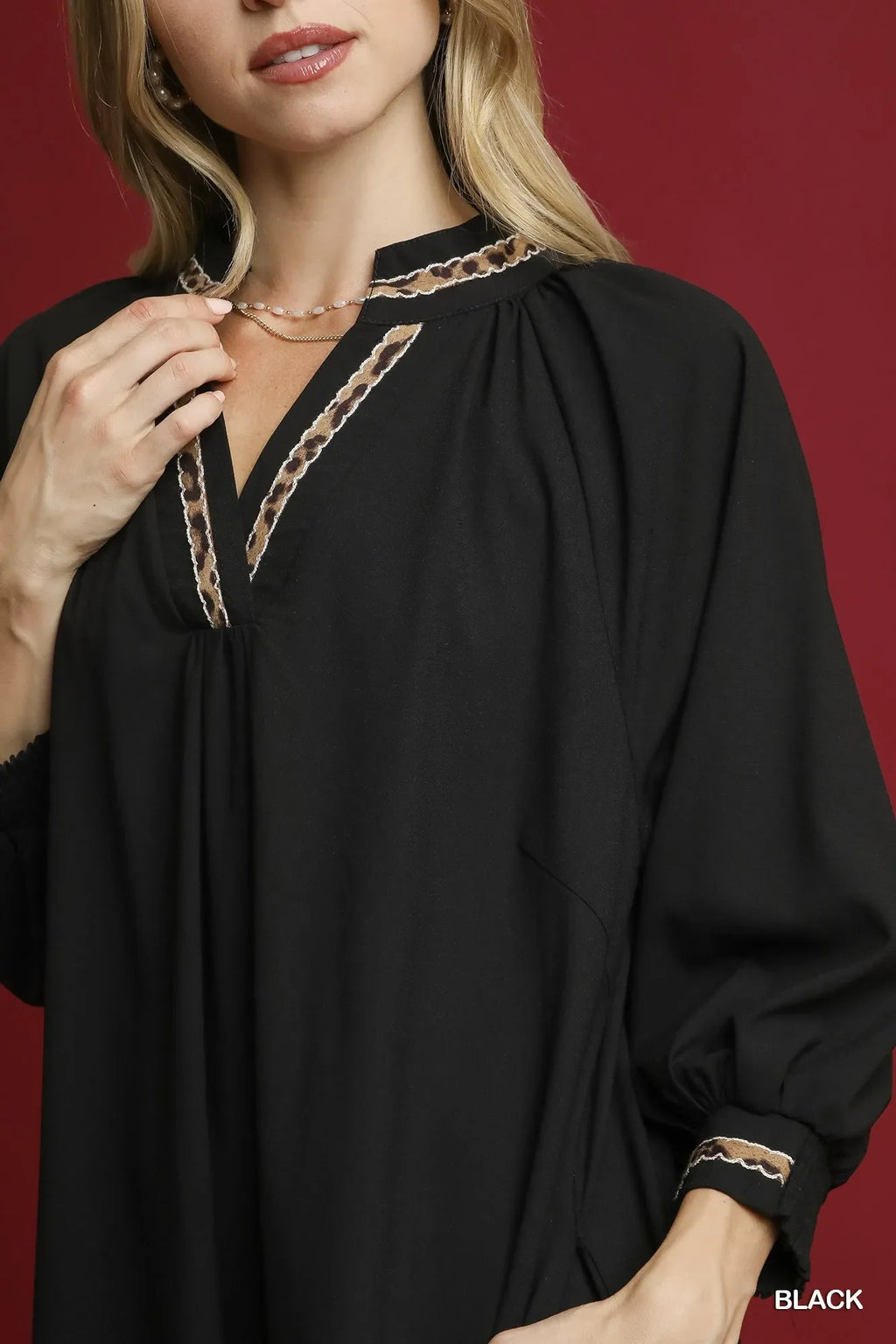 Umgee Notched Shift Dress with Trim Detail