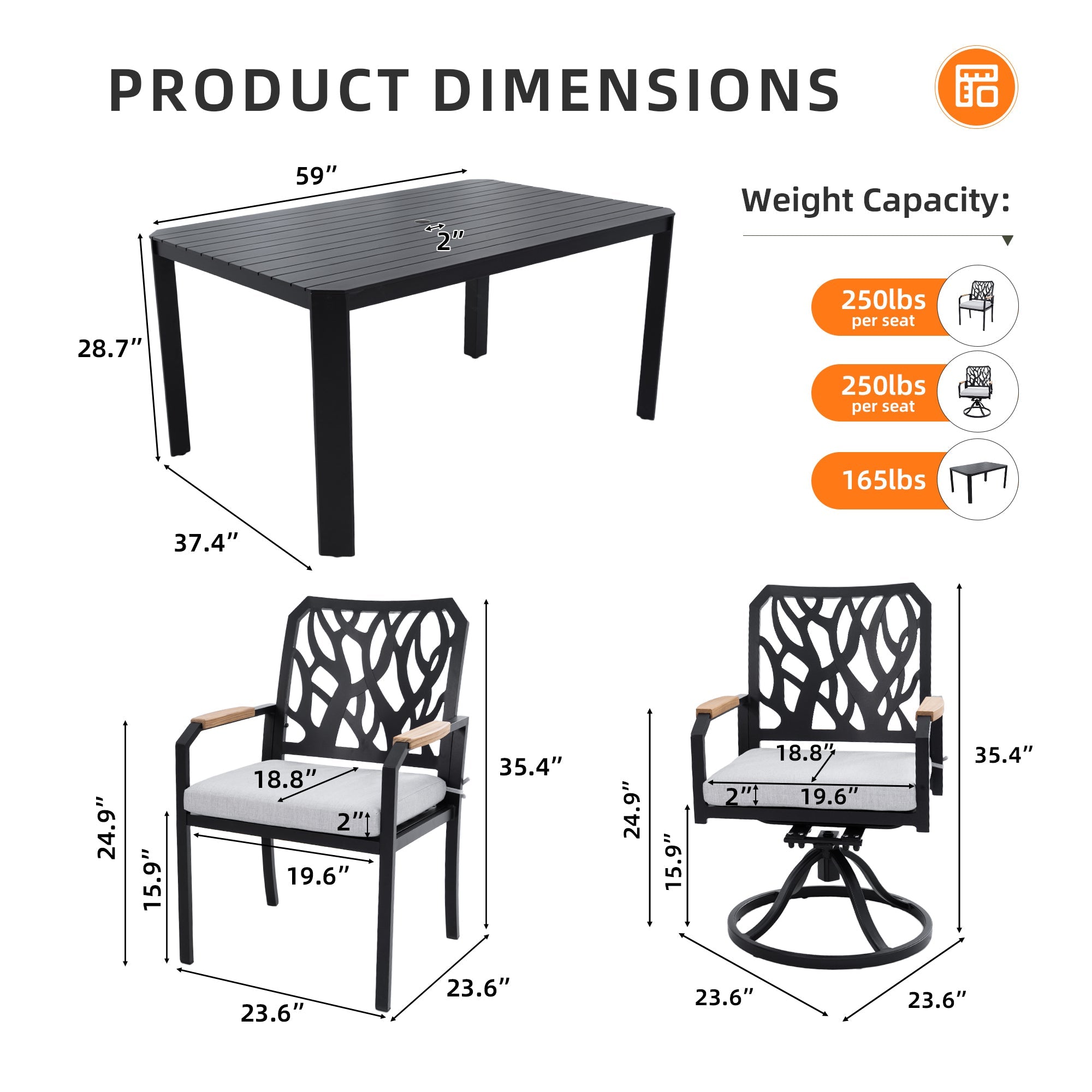 7-PC Outdoor Patio Aluminum Furniture Set, with 4 Dining Chairs & 2 Swivel Rockers Sunbrella Fabric Cushioned, Nature-Inspired Branch-Like Backrest, Rectangular Table with Umbrella Hole,Bourbon Brown