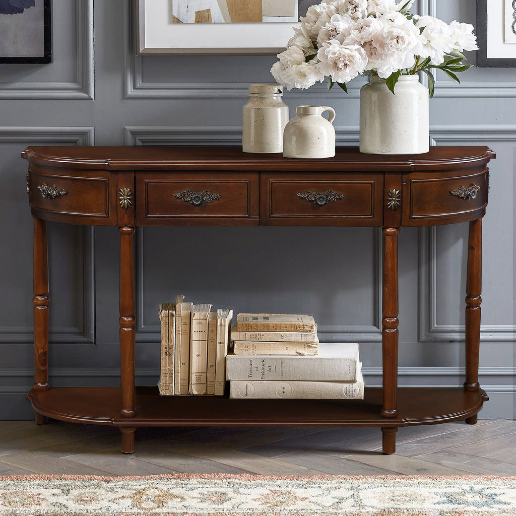 Retro Curved Wood Console Table, 52 inch Circular Half Moon Sofa Table with Open Shelf and 2 Drawers, Solid Wood Entry Table for Living Room, Hallway, Cherry