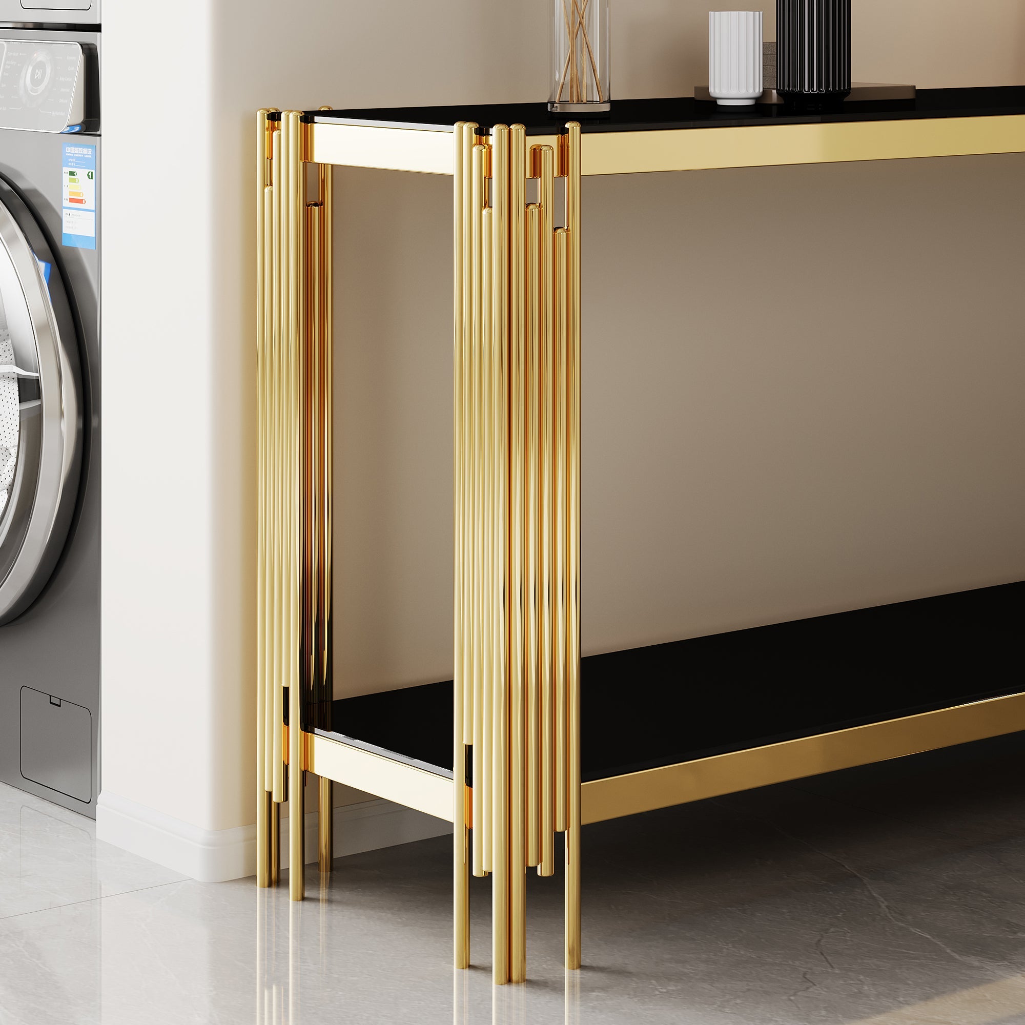 Top and Bottom Double Layer Tempered Glass Console Table and Mirror Finished Stainless Steel Frame