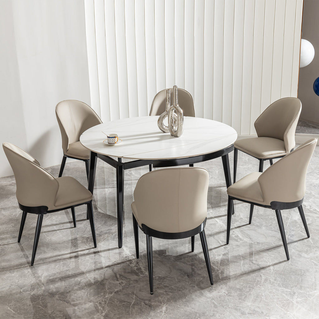 Modern Extendable Round Dining Table with Sintered Stone Top, White & Black, 33.5'' to 51.2''