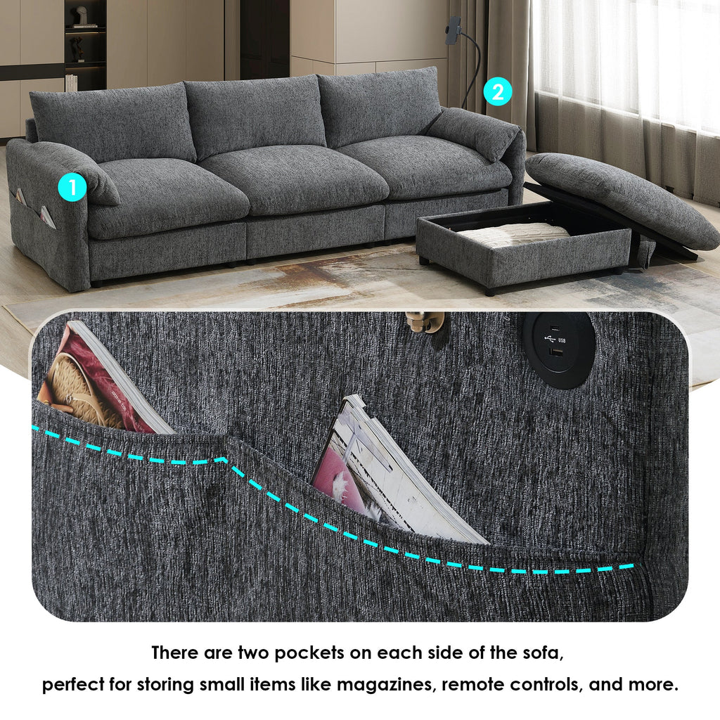 96.5'' Chenille Sectional Sofa with Storage Ottoman and Pockets,Adjustable Phone Holder,Wide Seat,4 Seat L Shaped Couch Set,Comfy Sofa with USB Charger for Living Room,Apartment,3 Colors