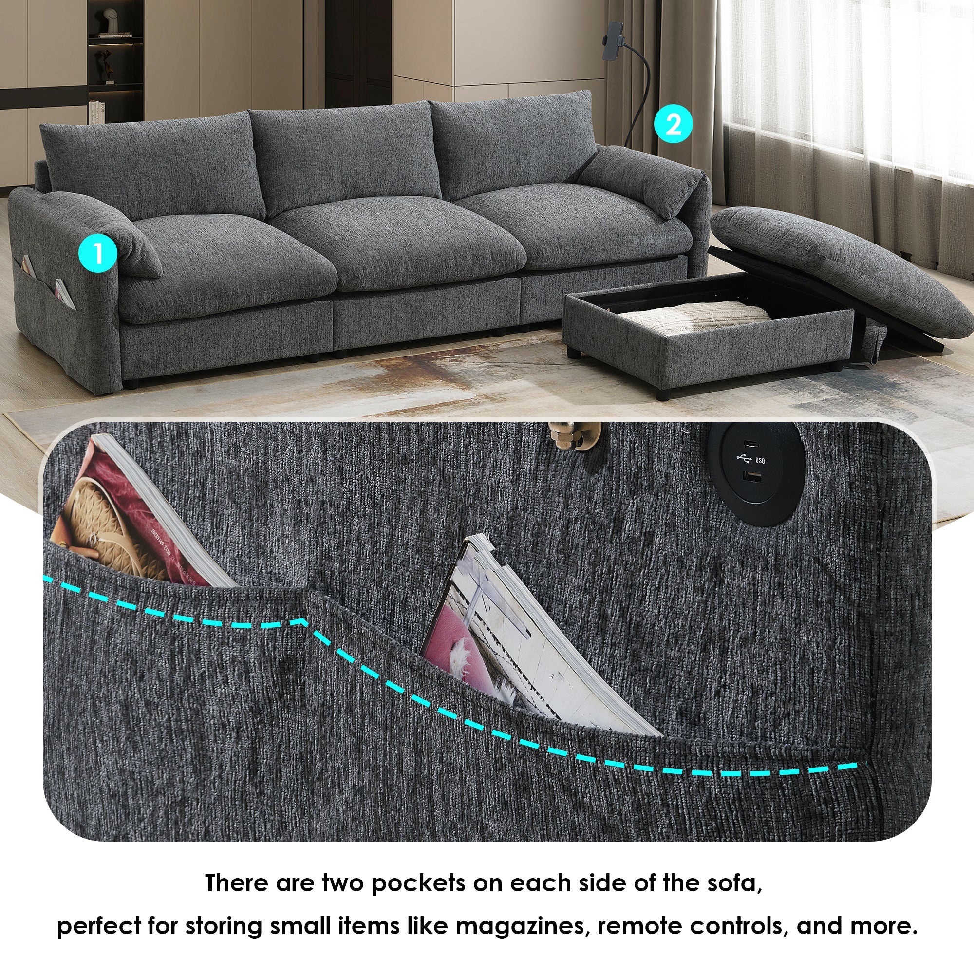 96.5'' Chenille Sectional Sofa with Storage Ottoman and Pockets,Adjustable Phone Holder,Wide Seat,4 Seat L Shaped Couch Set,Comfy Sofa with USB Charger for Living Room,Apartment,3 Colors