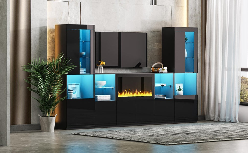 ON-TREND Modern TV Stand with 34.2' Non-heating Electric Fireplace, High Gloss Entertainment Center with LED Lights, Media Console with Tempered Glass Shelves for TVs up to 75', Black