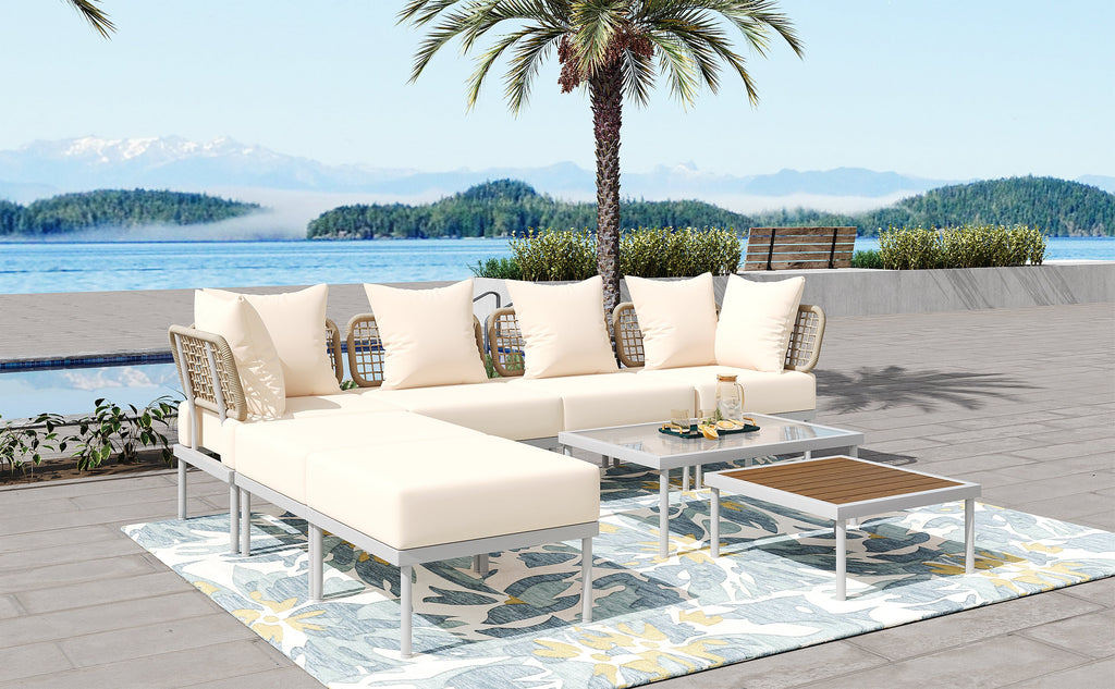 TREXM 8-Piece Patio Sectional Sofa Set with Tempered Glass Coffee Table and Wooden Coffee Table for Outdoor Oasis, Garden, Patio and Poolside (Beige Cushion + White Steel)