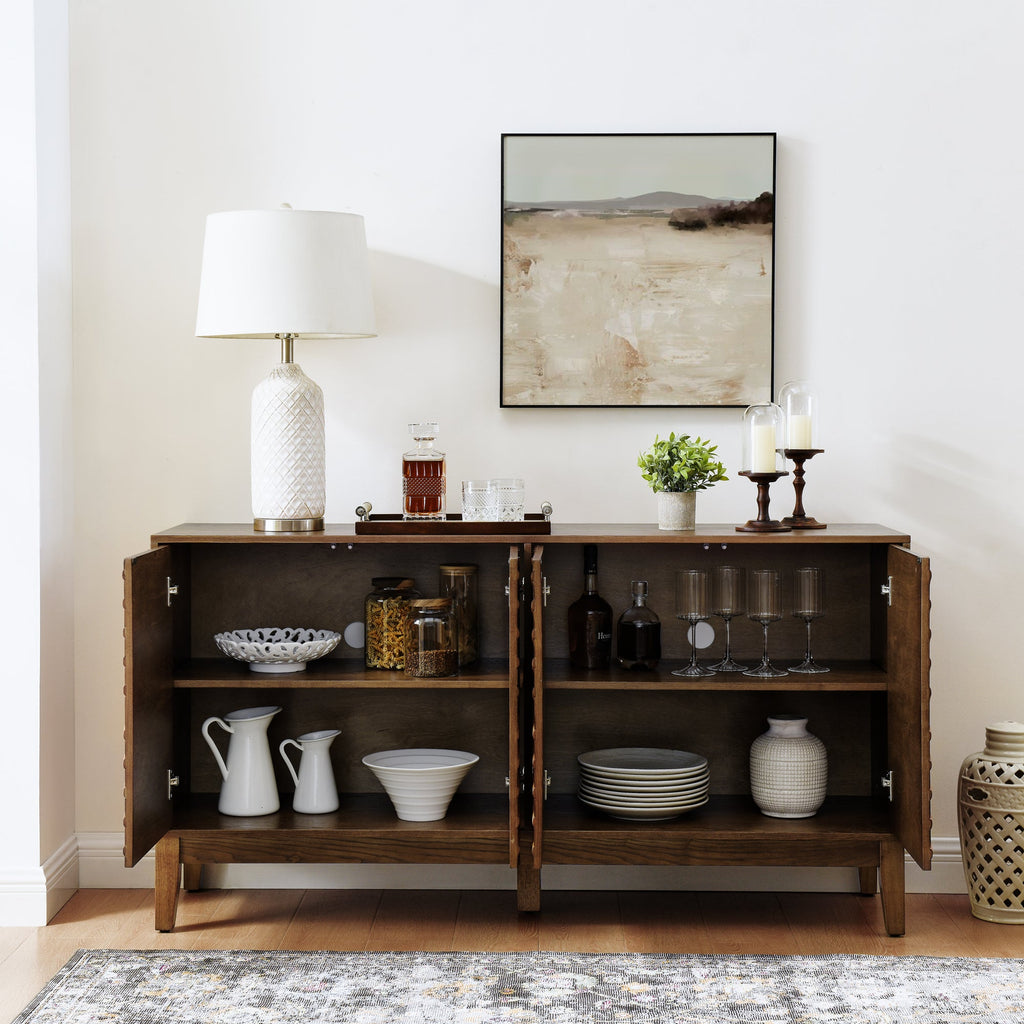 60.5'' Buffet Cabinet with Storage, Farmhouse Fluted Sideboard with Geometric Pattern & Adjustable Shelves, Mid Century Modern TV Stand for Living Room Kitchen Dining Room Entryway, Walnut