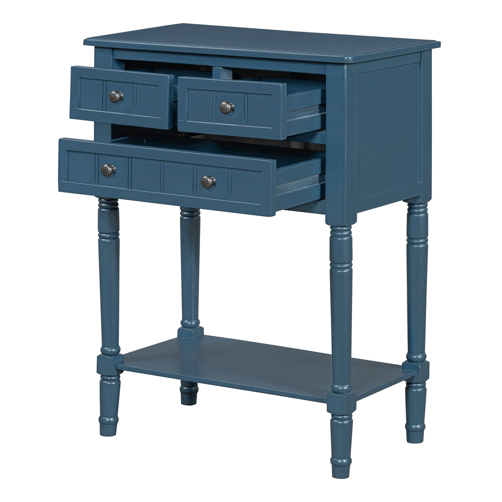 TREXM Narrow Console Table, Slim Sofa Table with Three Storage Drawers and Bottom Shelf (Navy)