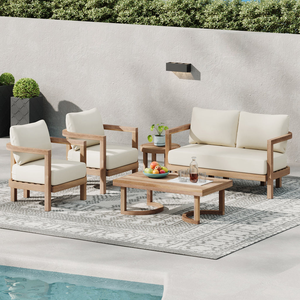 5-Pieces Acacia Wood Patio Furniture Set, Outdoor Furniture with Coffee Table, Patio Conversation Set Deep Seating with Soft Cushion, Porch Chairs for Garden, Backyard Porch Balcony, Brown wash, Beige