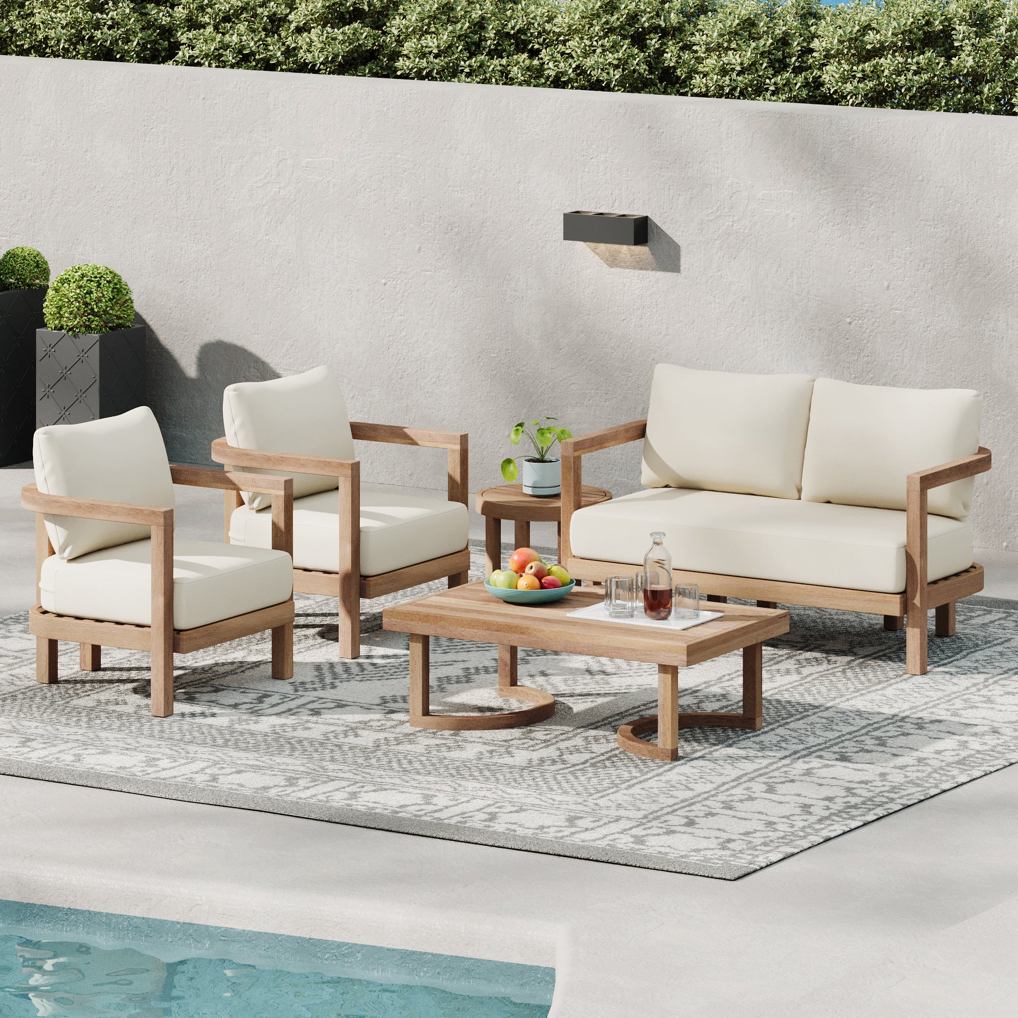 5-Pieces Acacia Wood Patio Furniture Set, Outdoor Furniture with Coffee Table, Patio Conversation Set Deep Seating with Soft Cushion, Porch Chairs for Garden, Backyard Porch Balcony, Brown wash, Beige