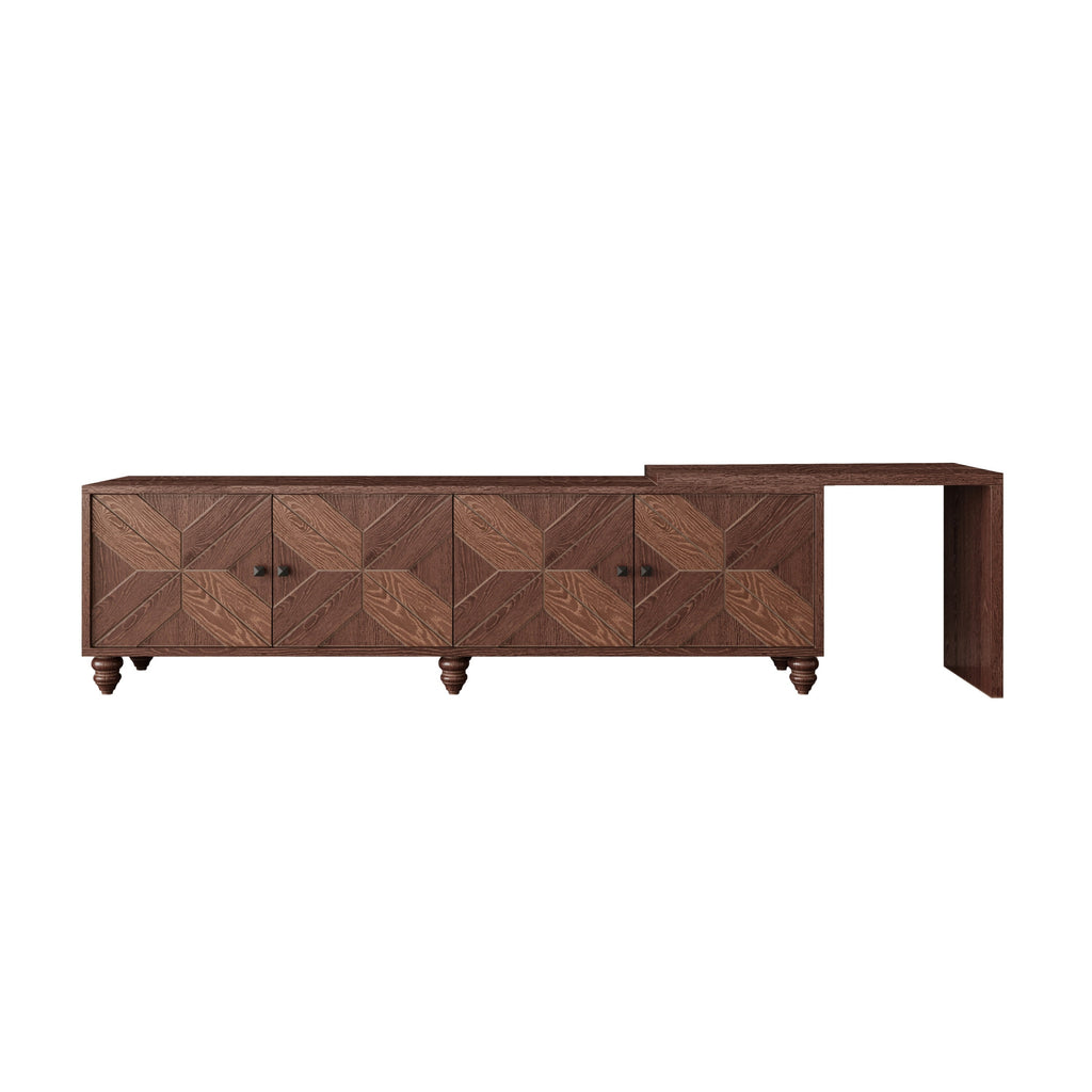 70'-90' Extendable TV Cabinet, Modern Entertainment Center with Storage and Adjustable Shelves, Mid 
Century Lacquered and Real Wood Veneered TV Console for Living Room, Hallway, Entryway, Walnut