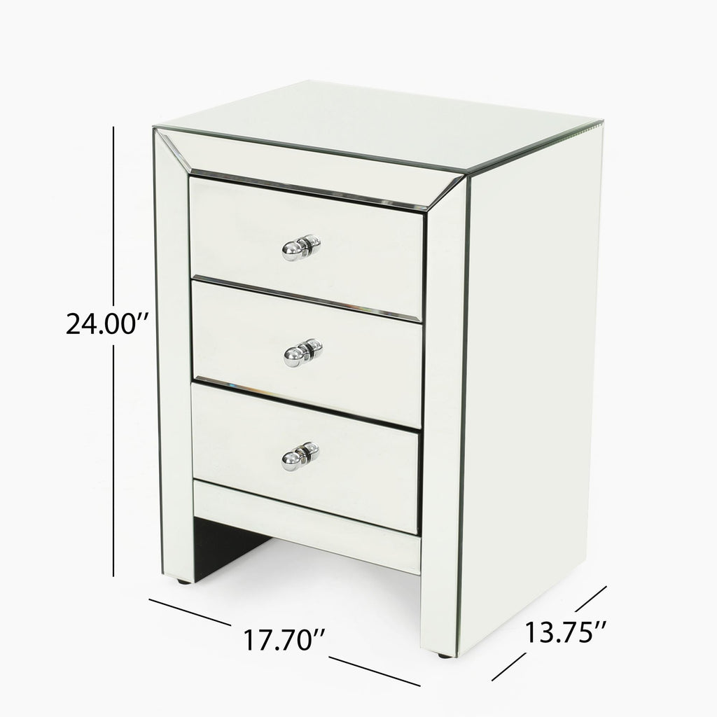17.70'' Mirrored Nightstand, Silver Glass Nightstand With 3 Drawers, Small Bed Side Tables, Mirrored End Table, Bedside Accent Table Dresser Furniture For Bedroom, Living Room, Office