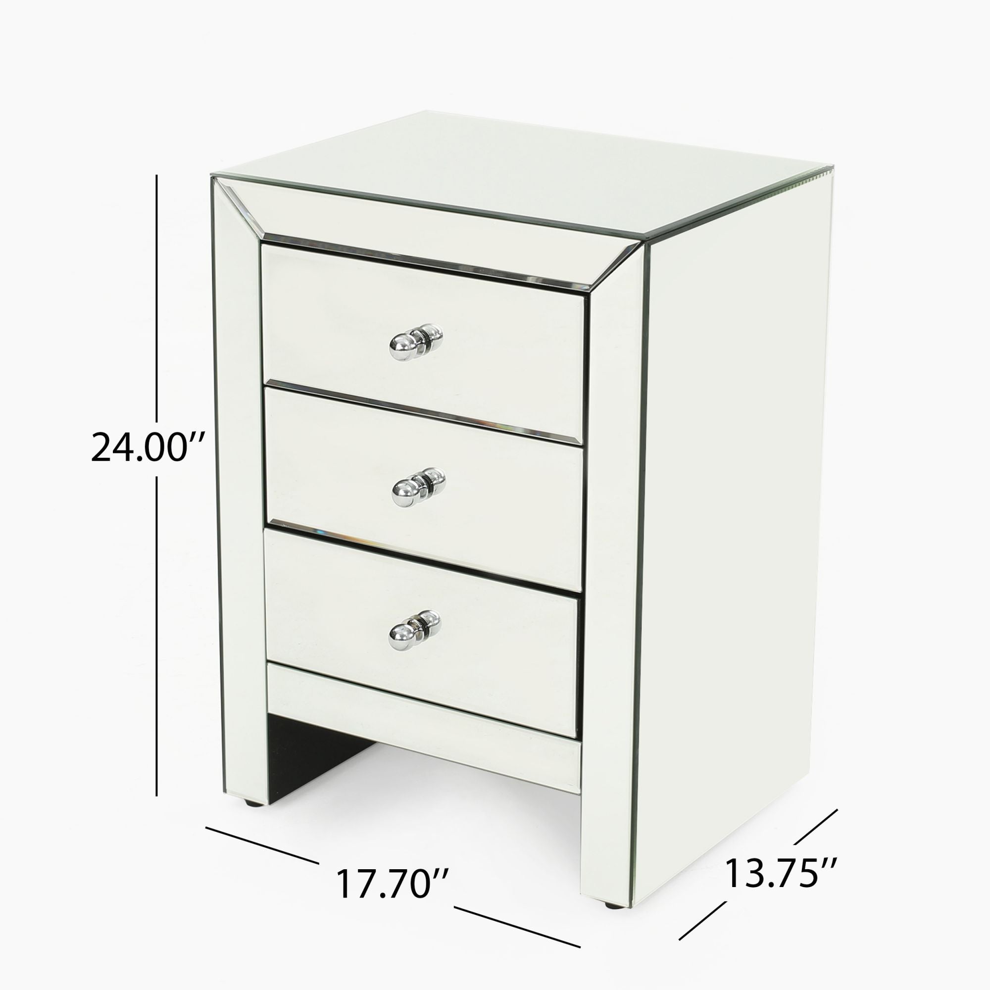 17.70'' Mirrored Nightstand, Silver Glass Nightstand With 3 Drawers, Small Bed Side Tables, Mirrored End Table, Bedside Accent Table Dresser Furniture For Bedroom, Living Room, Office