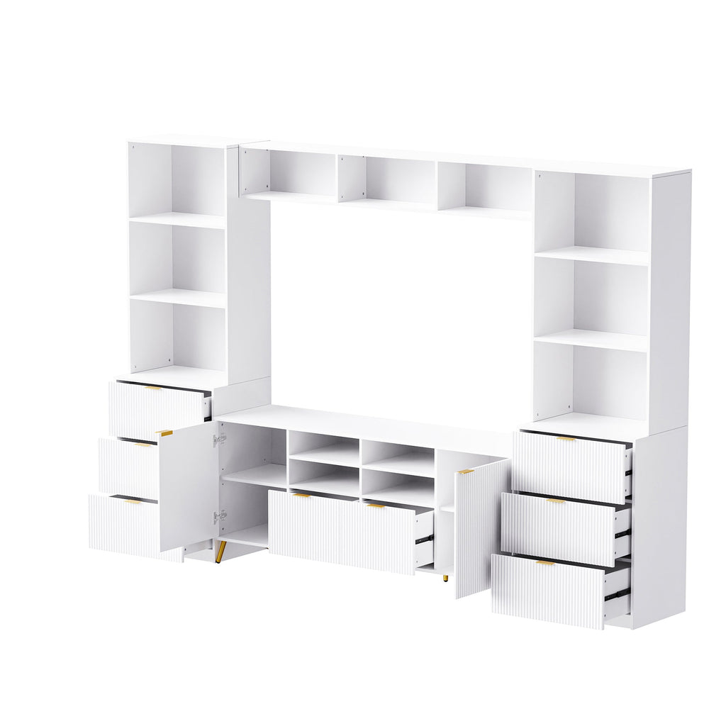 U-Can 4-Piece Entertainment Wall Unit with 13 shelves,8 Drawers and 2 Cabinets, Multifunctional TV Stand Media Storage Cabinet with Fluted Line Surface for Living Room, for TVs Up to 70'