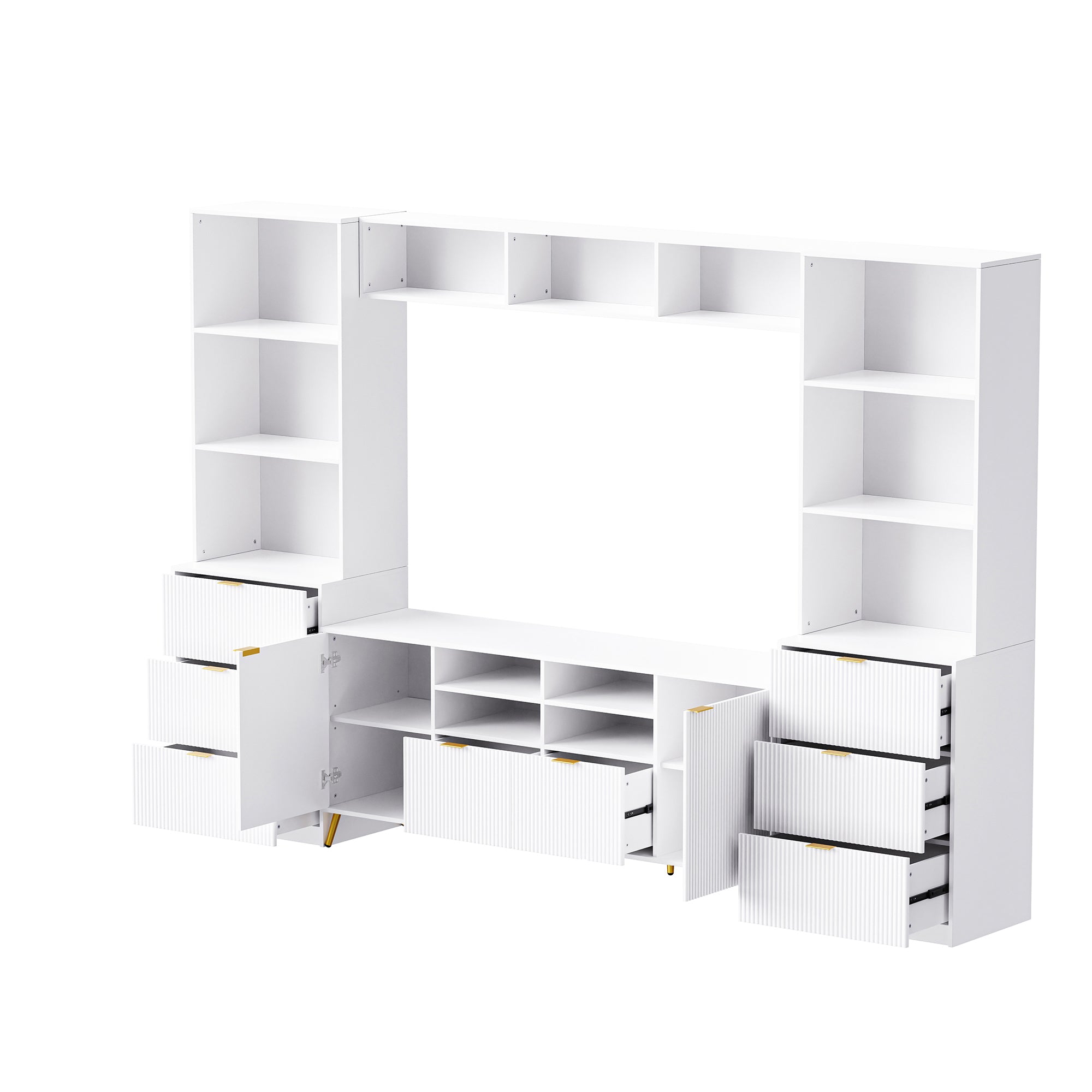 U-Can 4-Piece Entertainment Wall Unit with 13 shelves,8 Drawers and 2 Cabinets, Multifunctional TV Stand Media Storage Cabinet with Fluted Line Surface for Living Room, for TVs Up to 70'