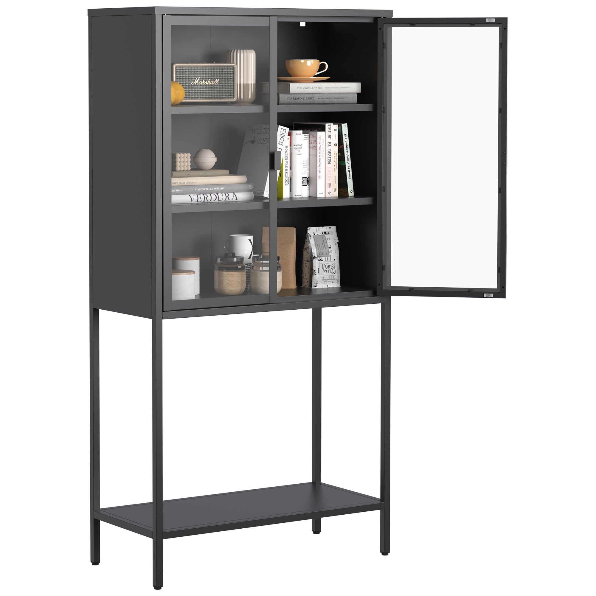 59"H Heavy Duty Metal Storage Cabinet,Sideboards & Buffet,Display Storage Cabinet with Glass Doors and 2 Adjustable Shelves, Tall Bookcase Modern Bookshelf Cabinet for Home Office, Living Room