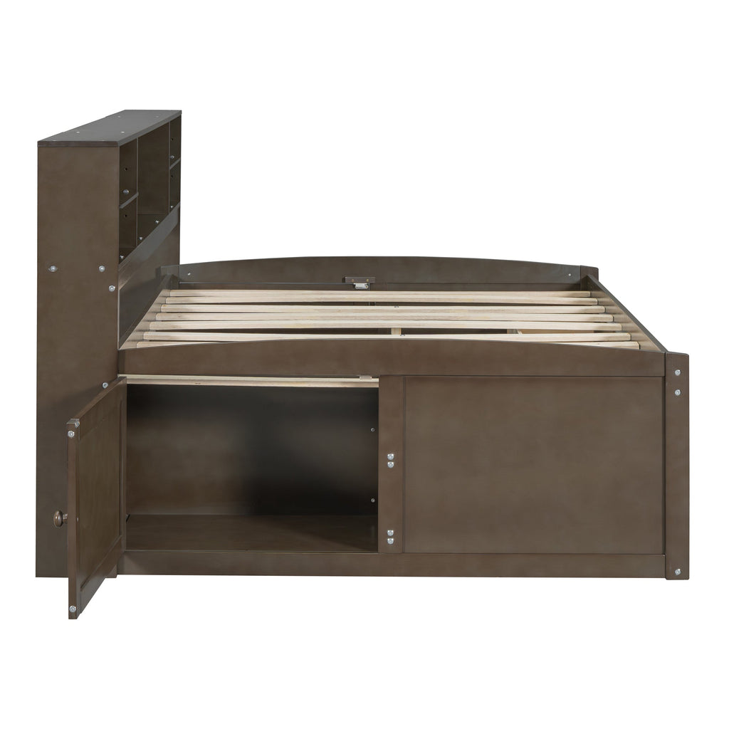 Full Size Wood Daybed with 2 Bedside Cabinets, Upper Shelves and 4 Drawers, Antique Brown
