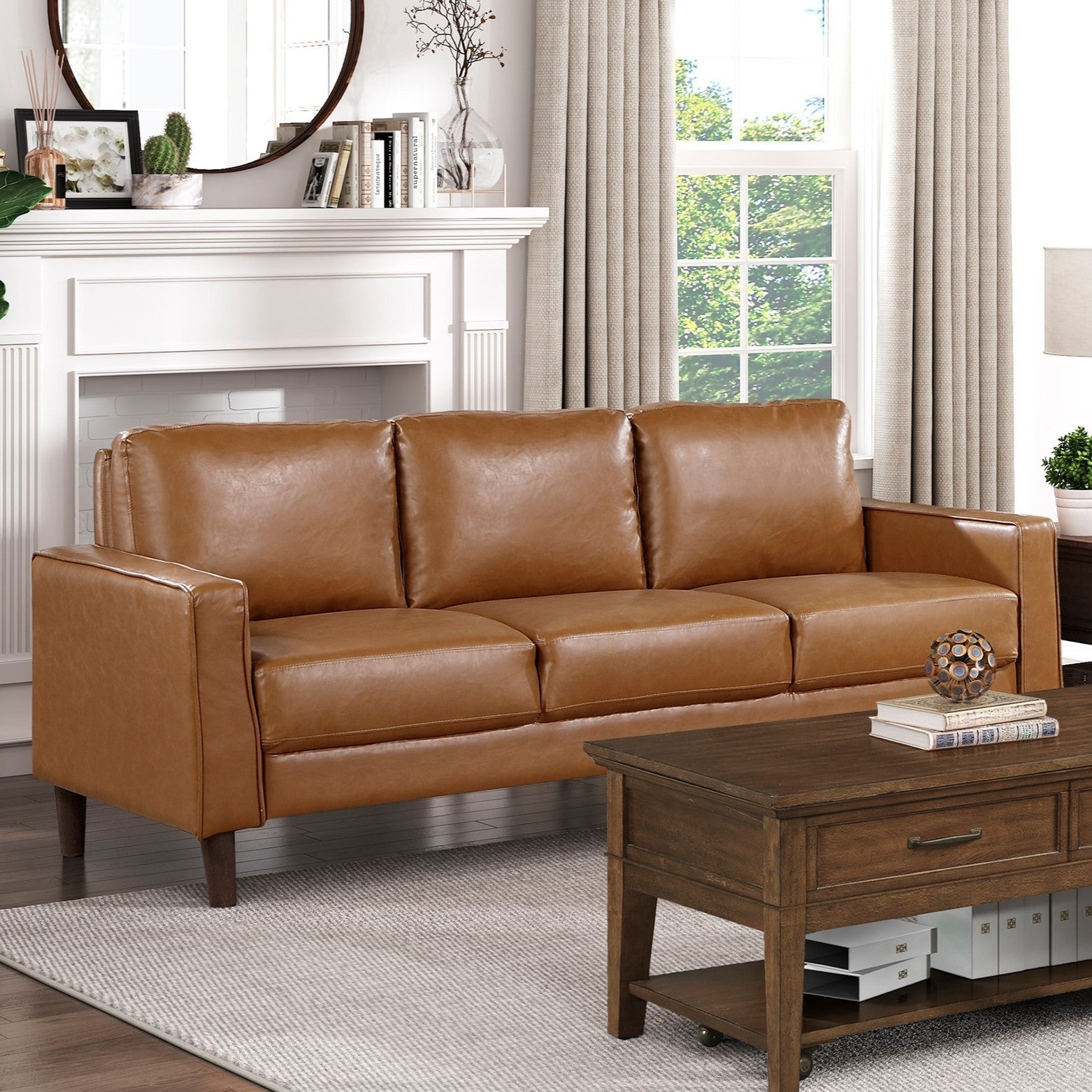 Modern Living Room Furniture 2pc Set Sofa Loveseat Brown Faux Leather Upholstered Cushion Back Seat Solid Wood