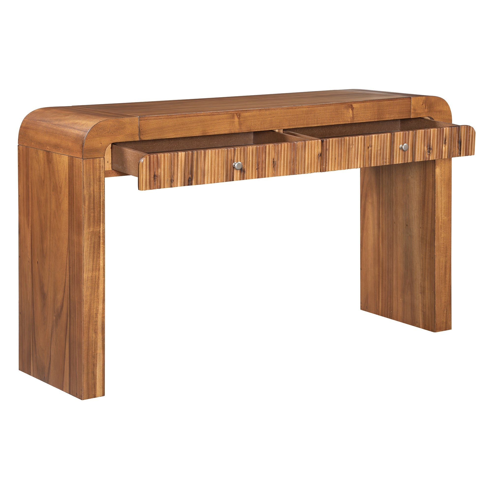 TREXM Rustic Console Table with Fluted Drawer Front, Entryway Table with Curved Corners & Thick Legs, Sturdy Sofa Table for Hallway & Living Room (Brown)