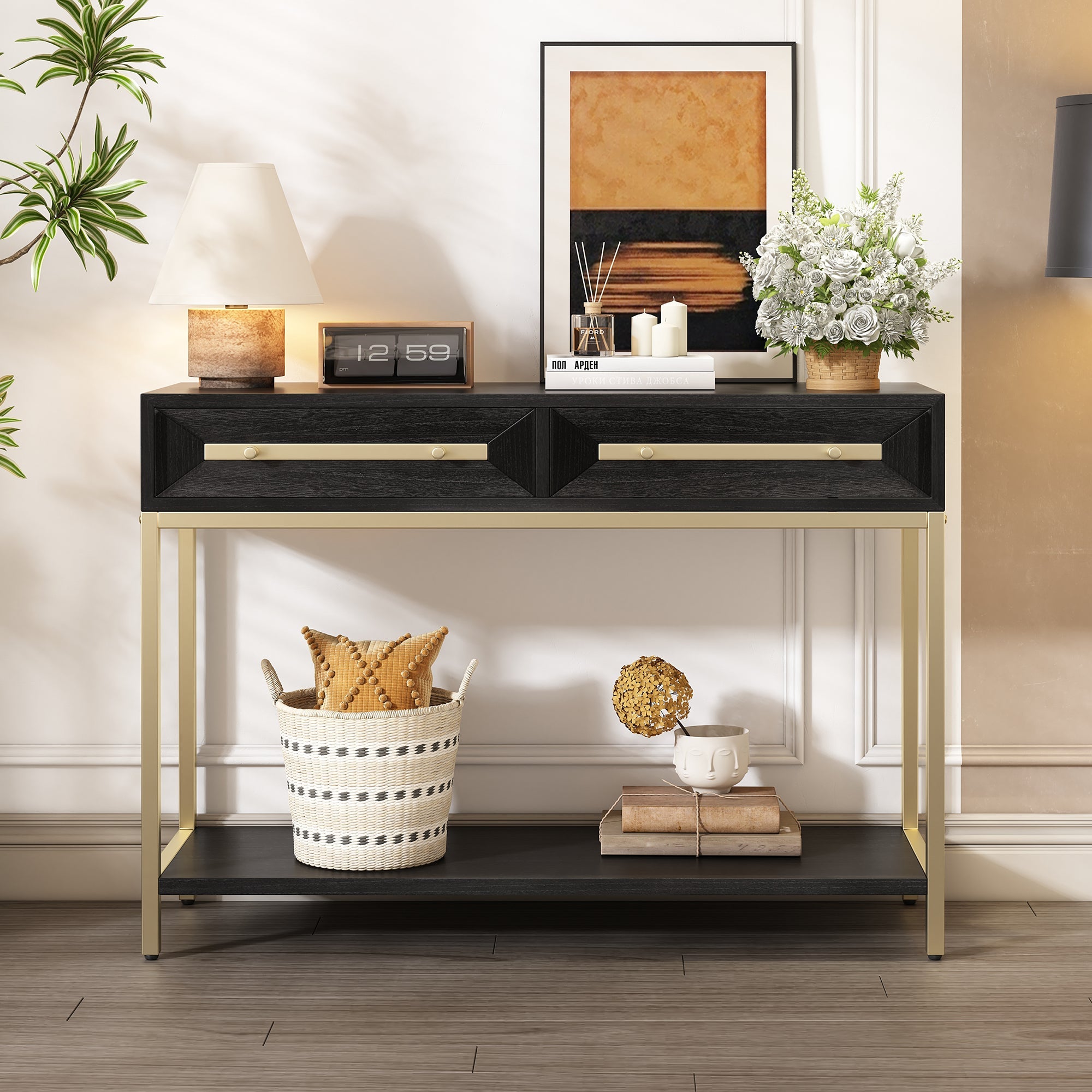 TREXM Entryway Table, Console Table with Two Drawers, Retro Hallway Table with Striking Geometric Design for Entryway and Living Room (Black)