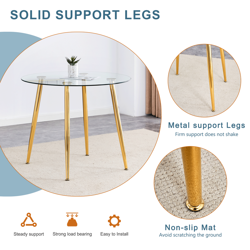 Round dining table with glass top, gilded metal legs, exquisite living, starting from the details, the gold legs show an extraordinary texture, which is the finishing touch to your home.36*36