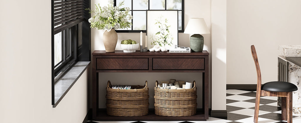 TREXM 55' Console Table, Rustic Wooden Entryway Table with Storage Drawers and Open Shelf, Elegant Sofa Table for Hallway and Living Room (Espresso)