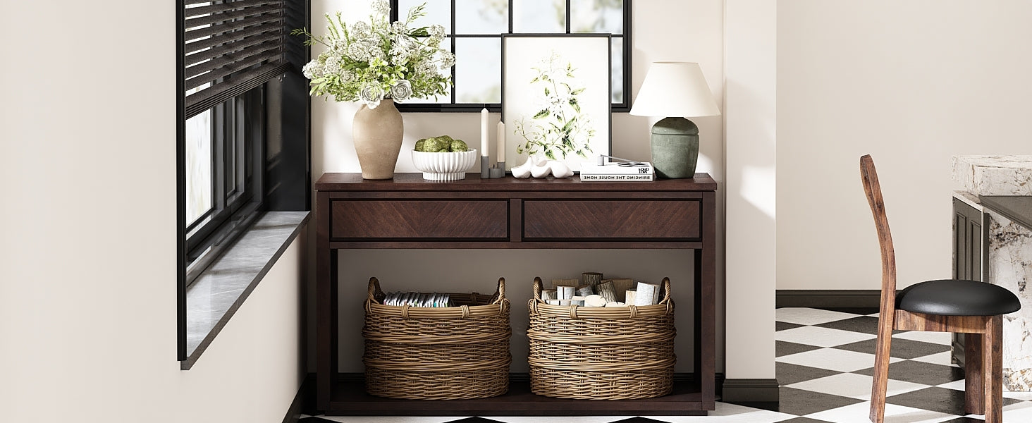 TREXM 55' Console Table, Rustic Wooden Entryway Table with Storage Drawers and Open Shelf, Elegant Sofa Table for Hallway and Living Room (Espresso)
