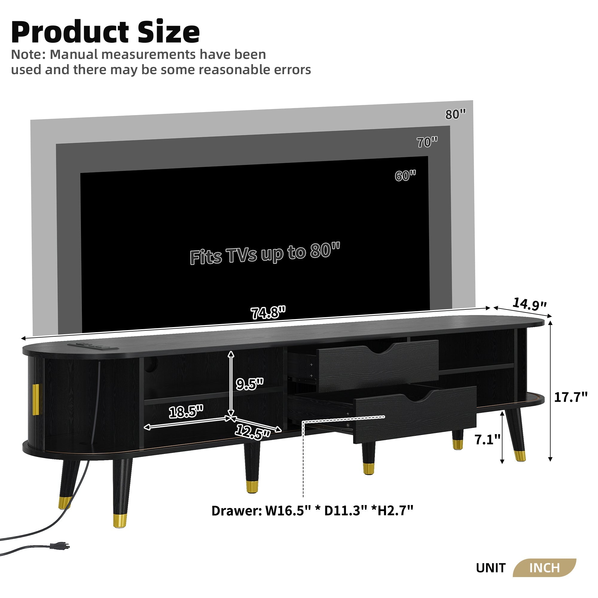 Wooden Oval Fluted TV Stand with Charging Station for TV up to 80', Mid-Century Media Console with Sliding Tambour Door, Farmhouse TV Cabinet with Golden Handle for Living Room, Black