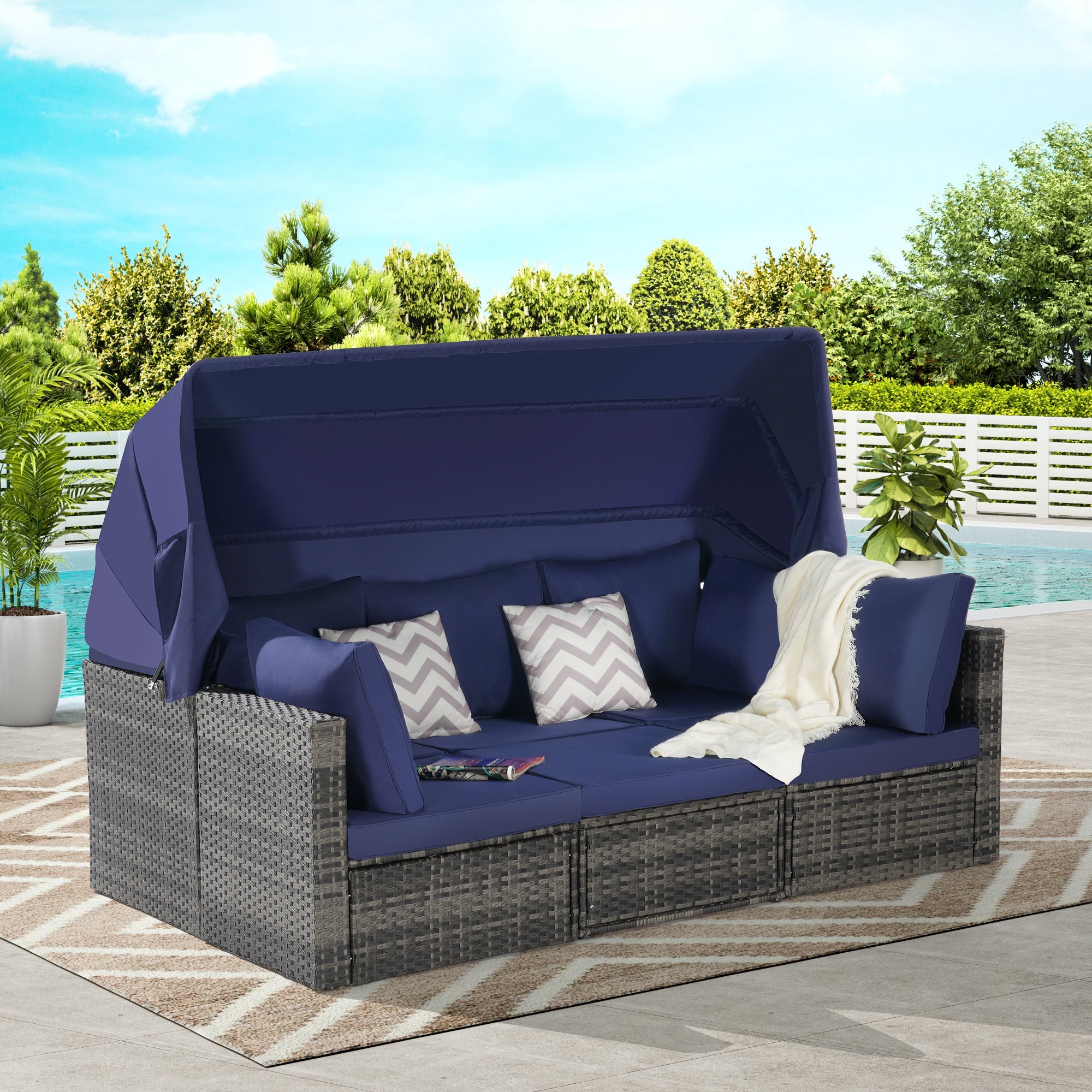 5 Pieces Outdoor Patio Wicker Daybed Furniture Set with Retractable Canopy, Storable Side Table, and Soft Cushions for Relaxing in Your Backyard or Porch