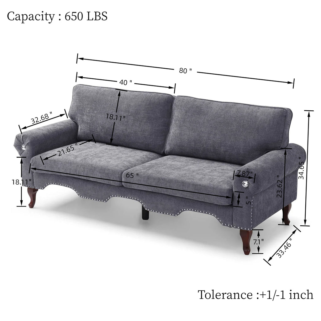 80-Inch Modern Velvet  3 seat Sofa with Wooden Legs & Crystal button and Copper Nail, Tufted Backrest, Perfect for Living Room, Bedroom, or Office (Grey)