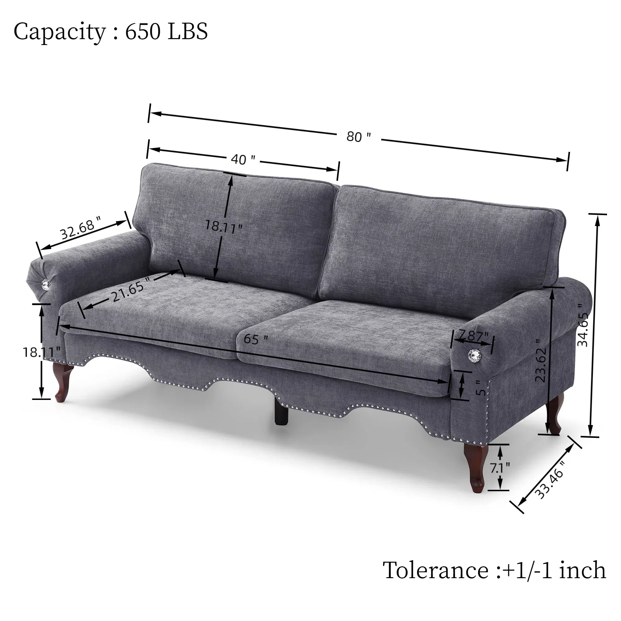 80-Inch Modern Velvet  3 seat Sofa with Wooden Legs & Crystal button and Copper Nail, Tufted Backrest, Perfect for Living Room, Bedroom, or Office (Grey)