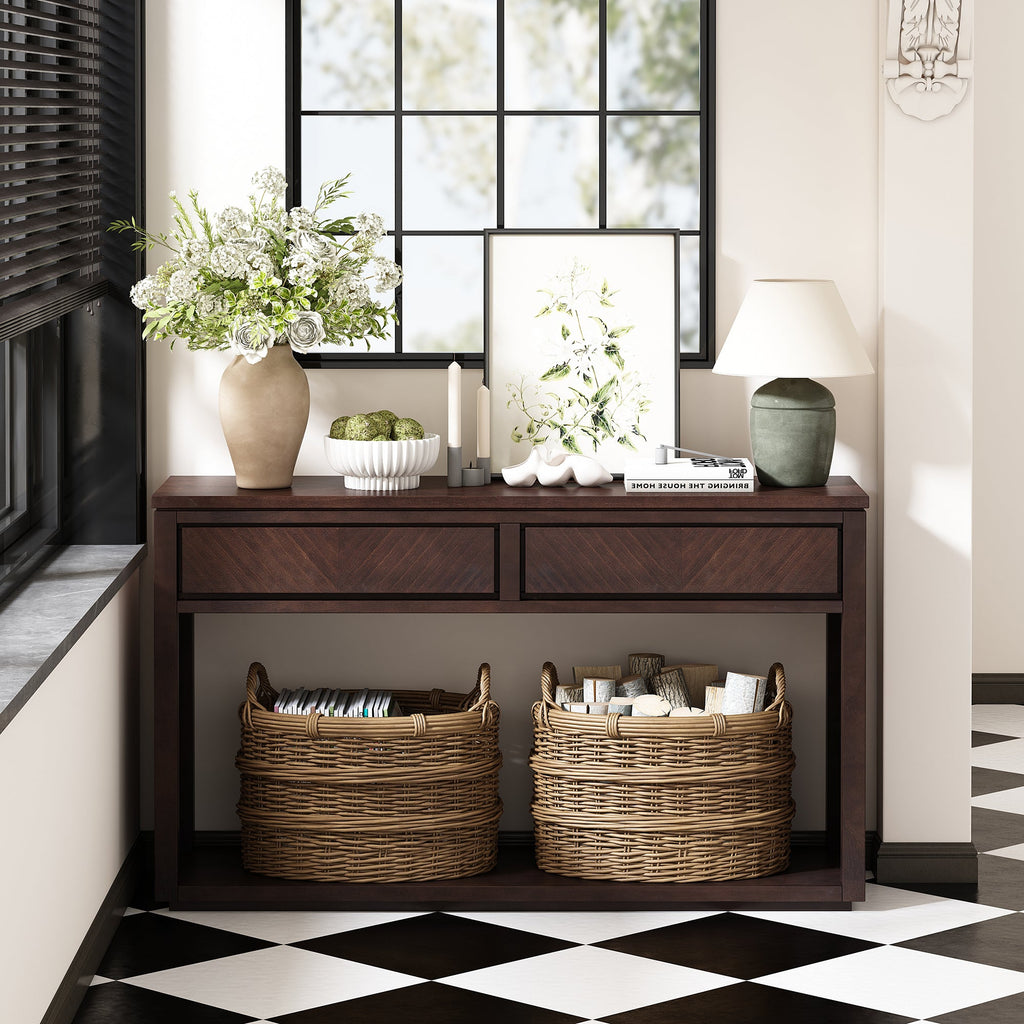 TREXM 55' Console Table, Rustic Wooden Entryway Table with Storage Drawers and Open Shelf, Elegant Sofa Table for Hallway and Living Room (Espresso)