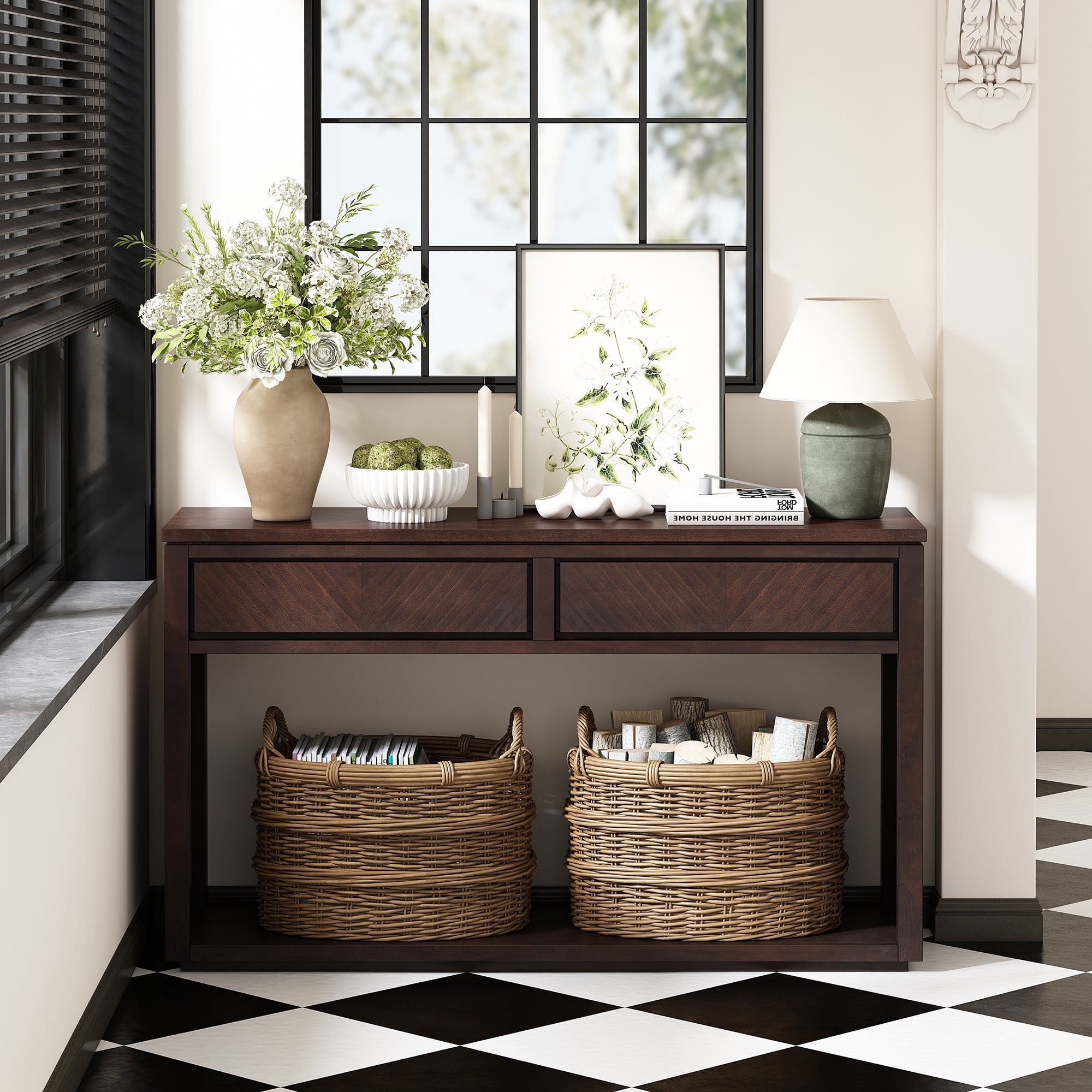 TREXM 55' Console Table, Rustic Wooden Entryway Table with Storage Drawers and Open Shelf, Elegant Sofa Table for Hallway and Living Room (Espresso)