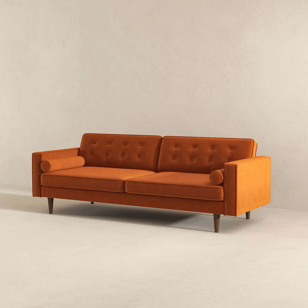 Mid Century Modern Design Burnt Orange Velvet Sofa