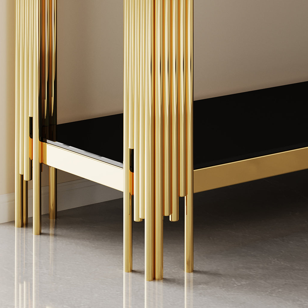 Top and Bottom Double Layer Tempered Glass Console Table and Mirror Finished Stainless Steel Frame