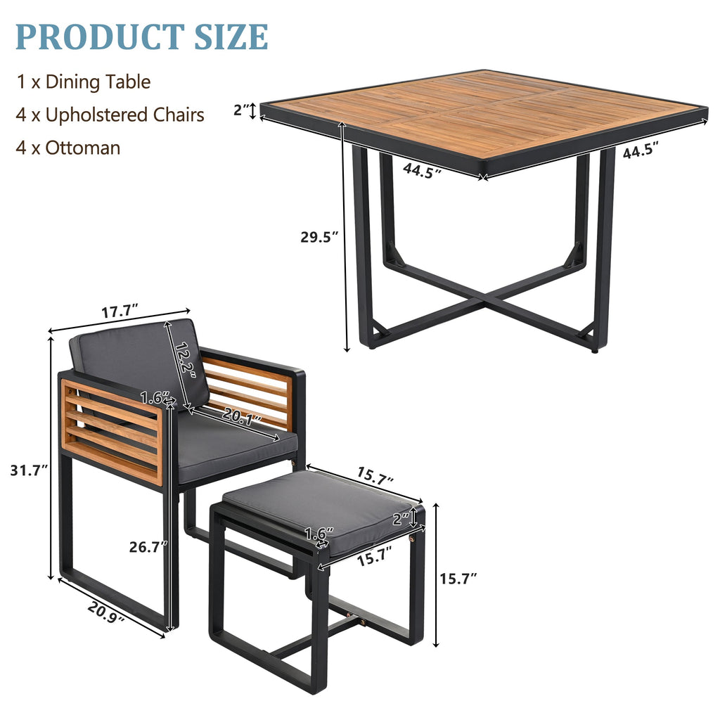 GO 18-Pieces Acacia Wood Patio Dining Set, Space Saving Outdoor Patio Set, 8 Cushioned Chairs & 8 Ottomans & 2 Square Table, for Backyard, Garden, Deck and Poolside, Gray