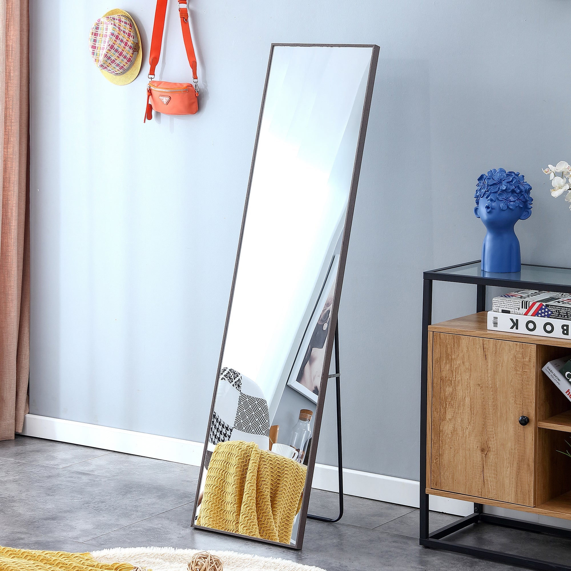 3rd generation gray solid wood frame full length mirror, dressing mirror, bedroom porch, decorative mirror, clothing store, floor mounted large mirror, wall mounted. 58 "* 15"