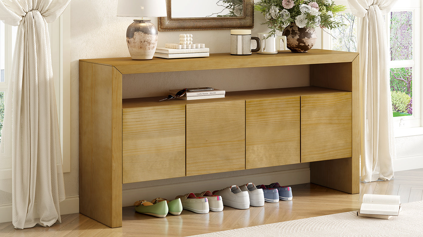 U_Style 60' 4-Door Sideboard, Modern Minimalist Solid Wood Veneer Sideboard with Open Shelf, Natural Wood Grain, Large Capacity Storage Console for Living Room, Hallway, Dining (Black/Natural)